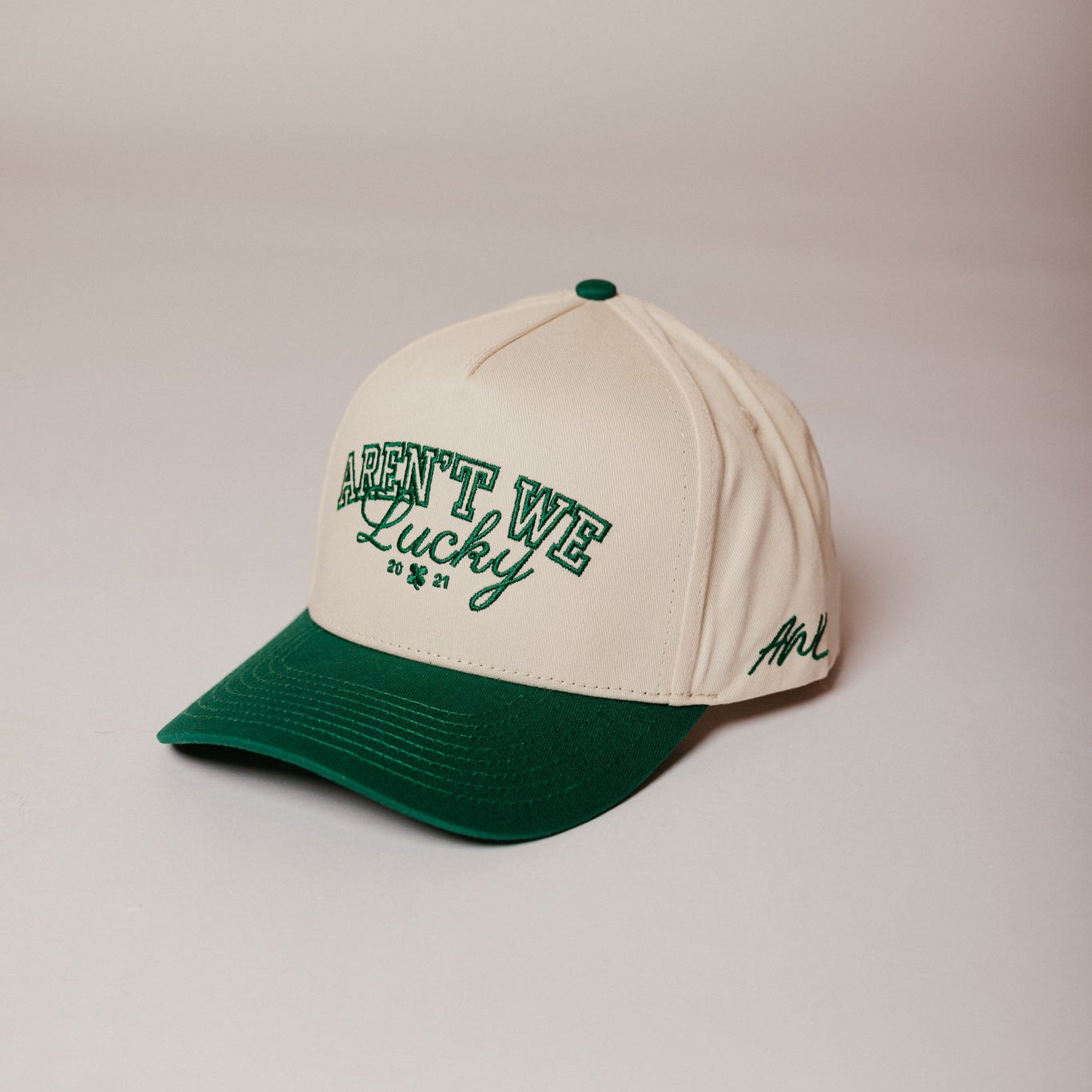 Two Tone Varsity Trucker Hat Green and White Aren't We Lucky