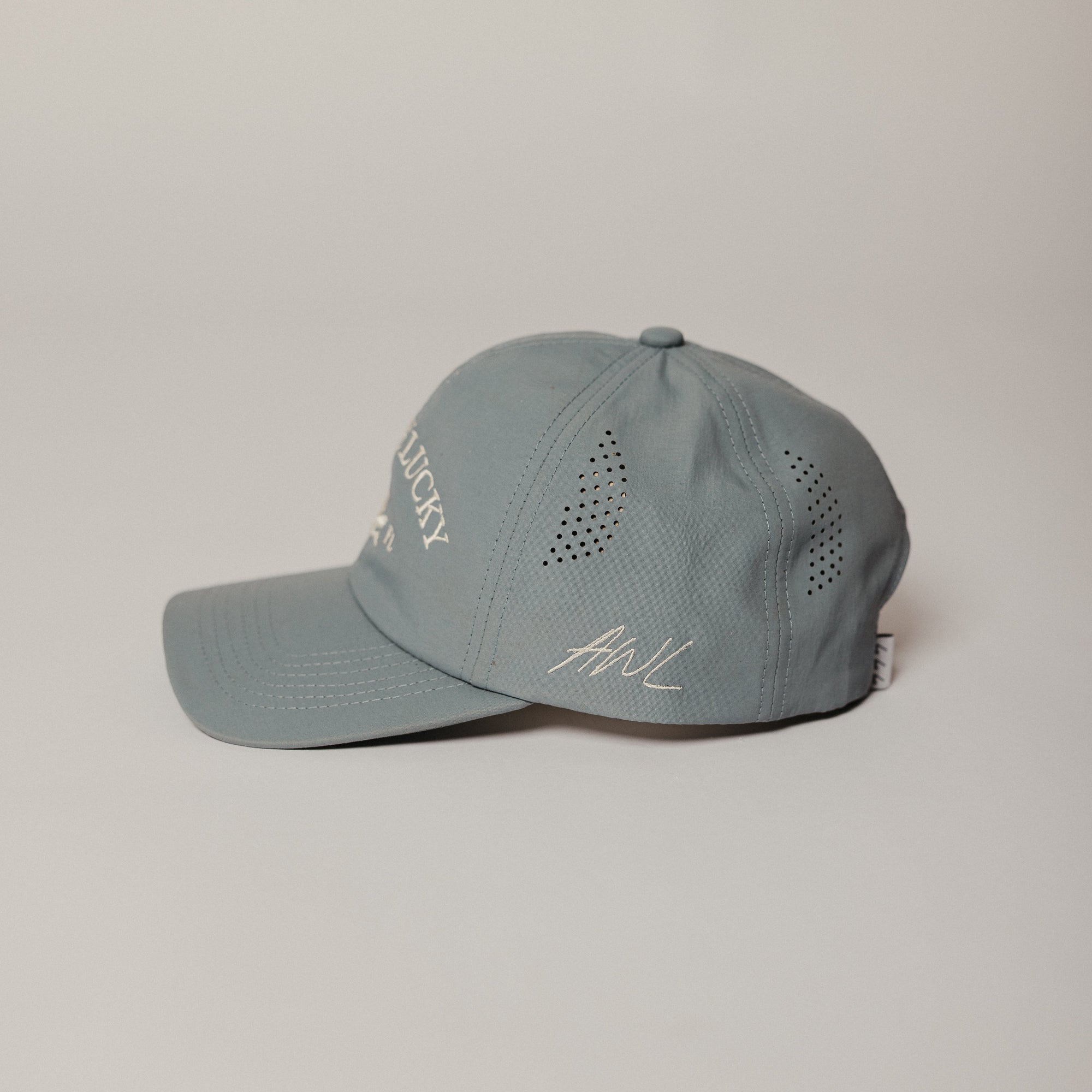Gray cap with branding on a light gray background