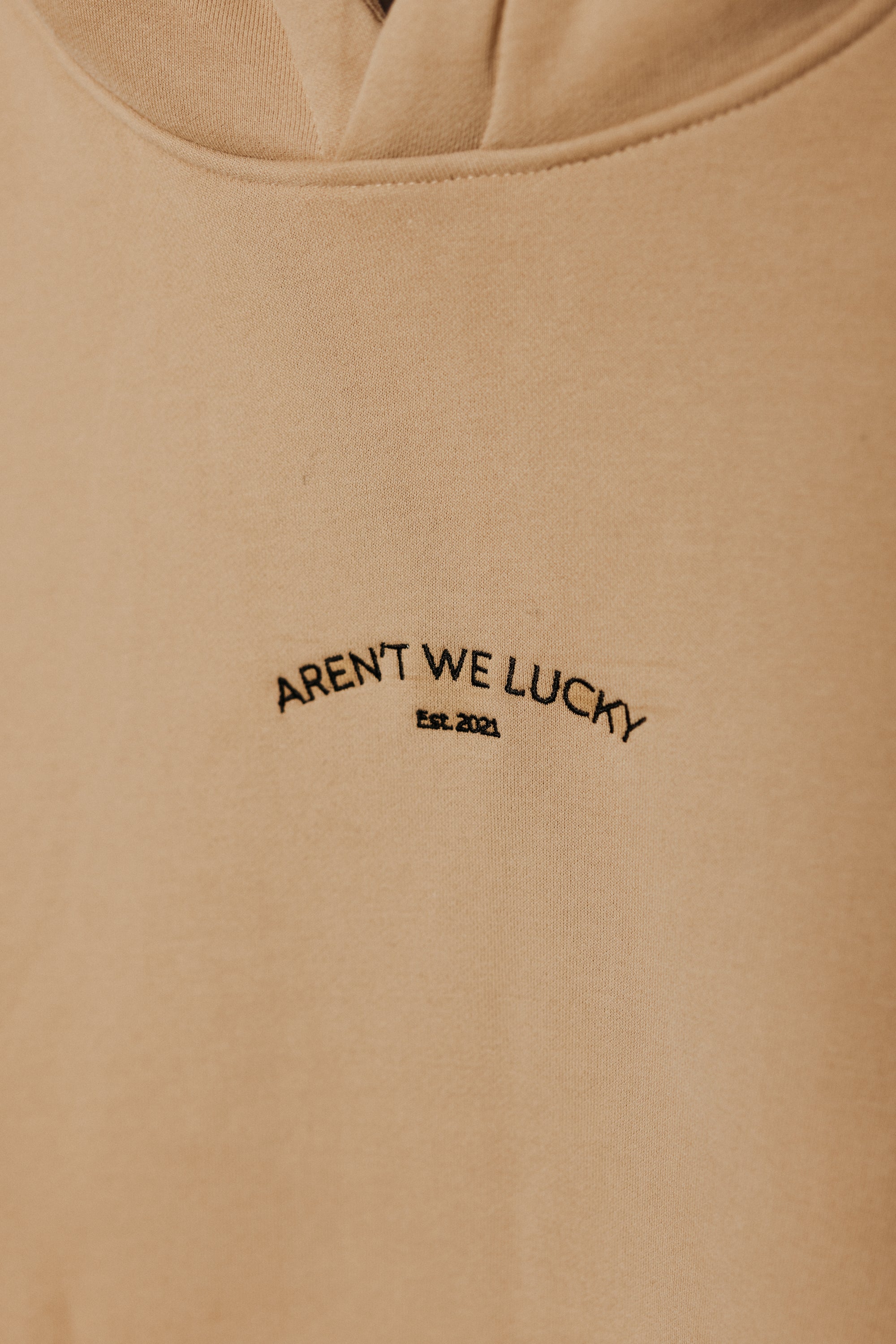 Beige hoodie with 'Aren't We Lucky' text embroidery on a beige background