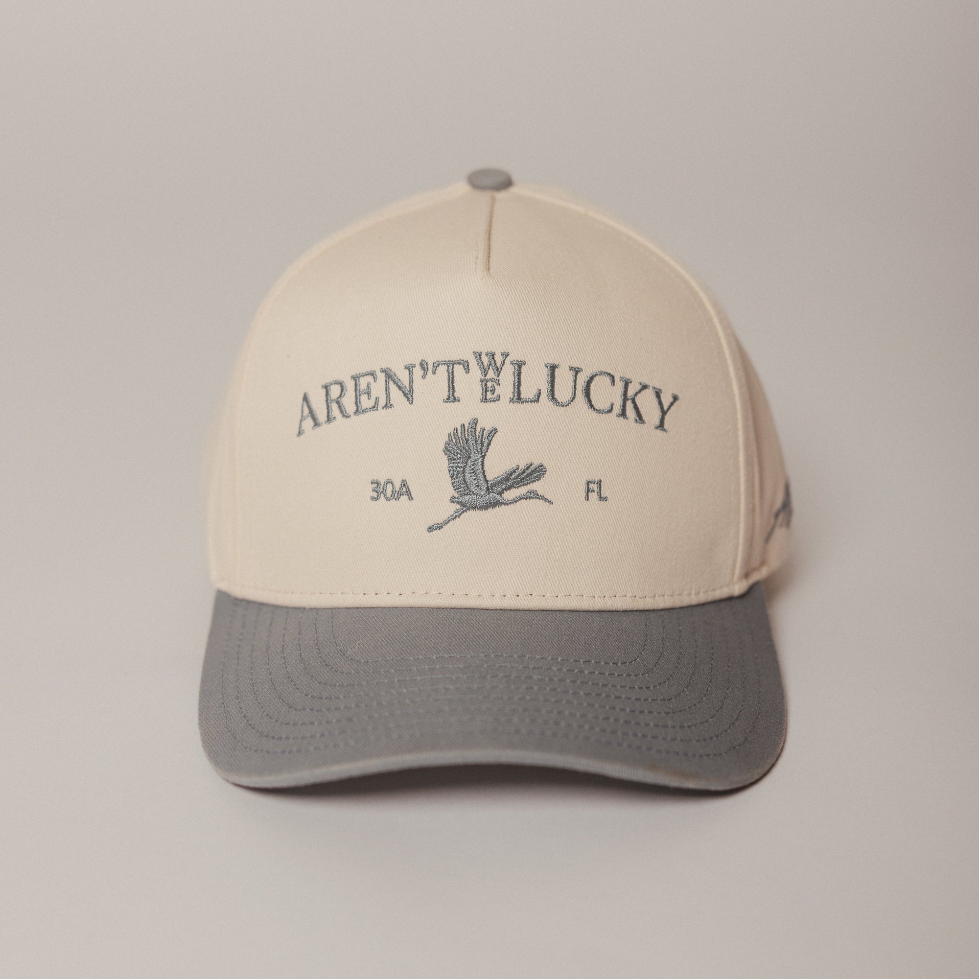 Beige and dusty blue Aren't We Lucky cap with text and logo on a beige background